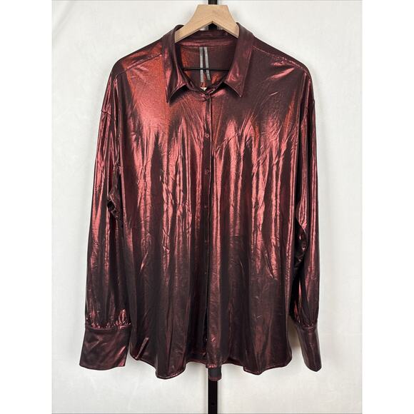 NEW Anthropologie Shine Button Down Shirt Womens XL Dark Red Long Sleeve Relaxed - Picture 2 of 11